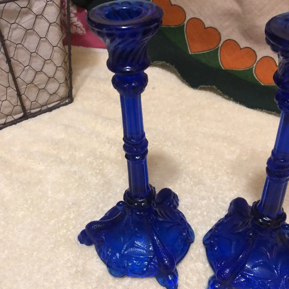 Portieux Vallerysthal Bavards 8.5” Koi Candlesticks Cobalt Blue Glass